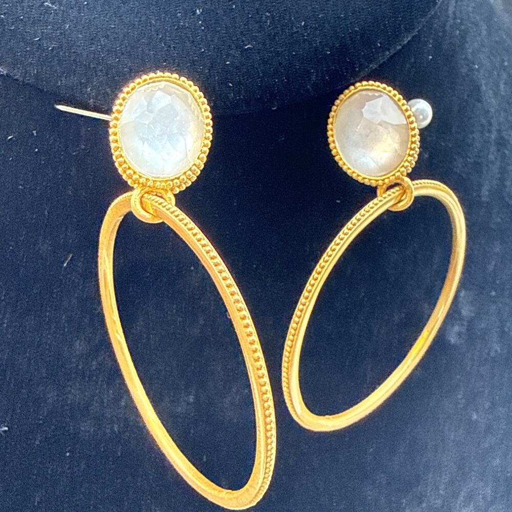 Julie Vos Iridescent Clear Stone & 24k Gold Plate Verona Hoop Earrings 2” Drop